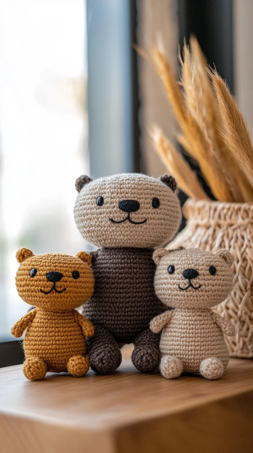 Cute handmade amigurumi bears cuddling together, showcasing detailed crochet pattern and kawaii animal design