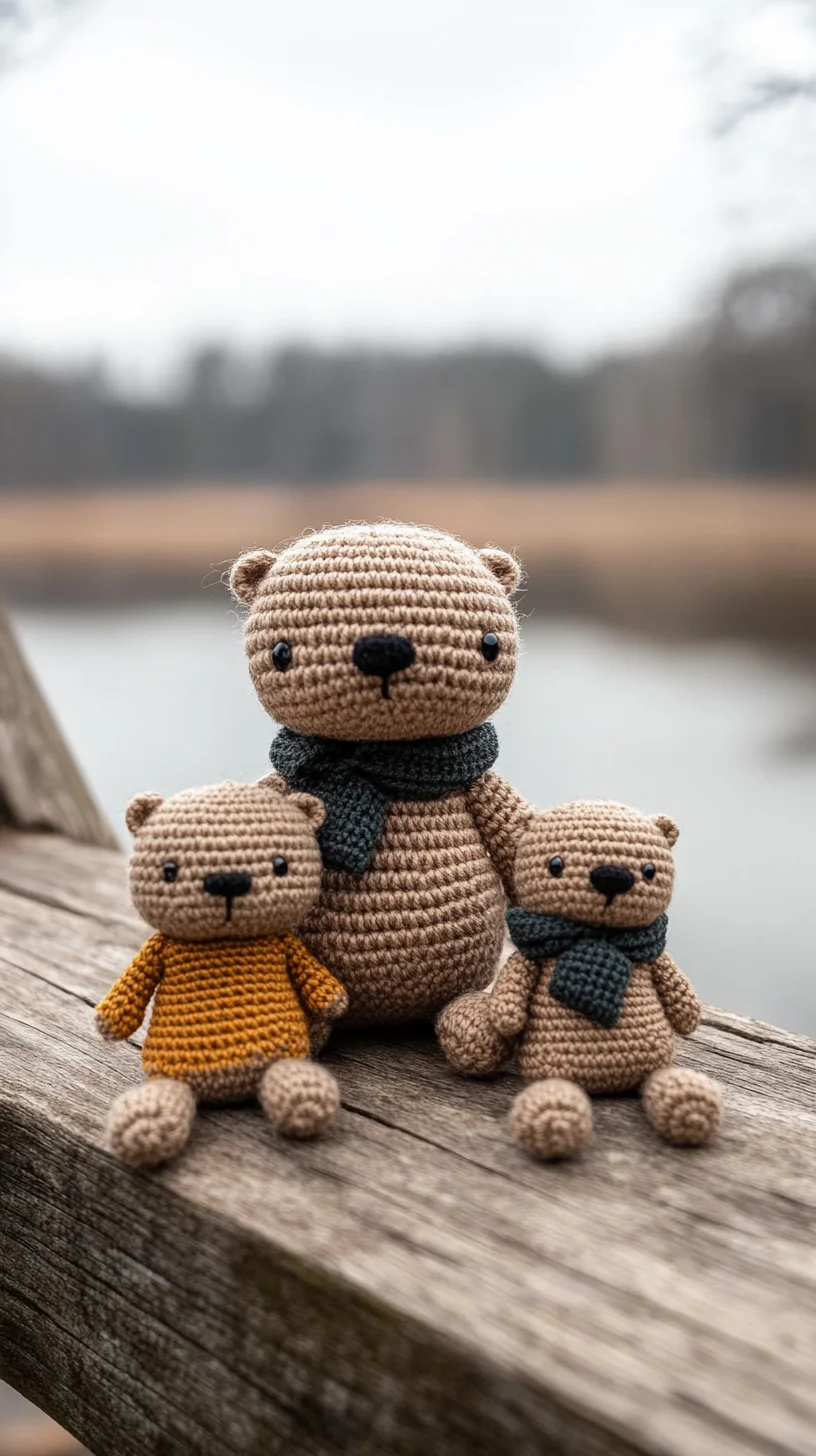 Cute crocheted amigurumi bear family in soft pastel yarn, handmade kawaii crochet animals on display