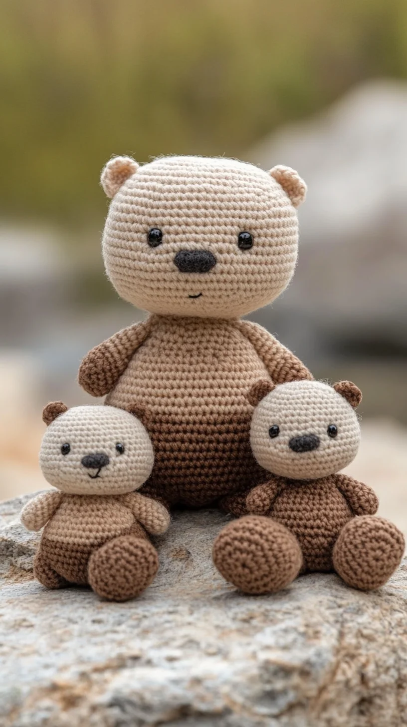 Handmade amigurumi crochet bears in brown and beige, featuring kawaii faces, displayed as cute animal toys