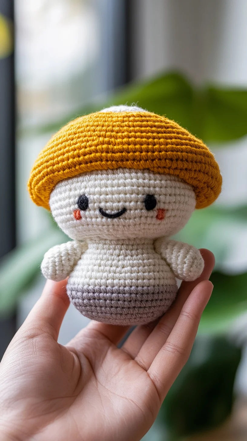 Handmade amigurumi mushroom toy with red cap and white spots, crocheted in kawaii style, on neutral background