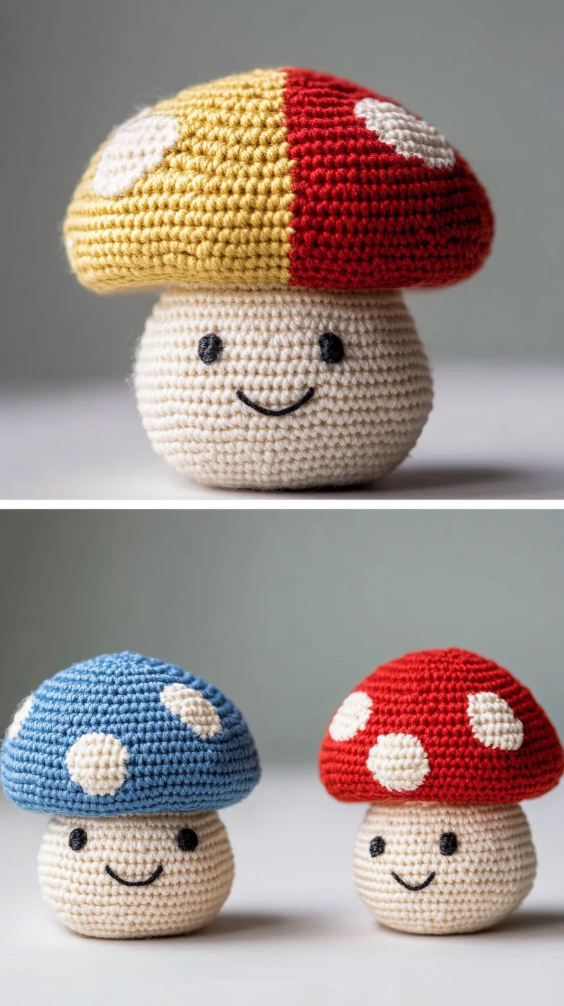 Colorful handmade amigurumi mushrooms in vibrant red, yellow, and white, perfect for crochet pattern inspiration