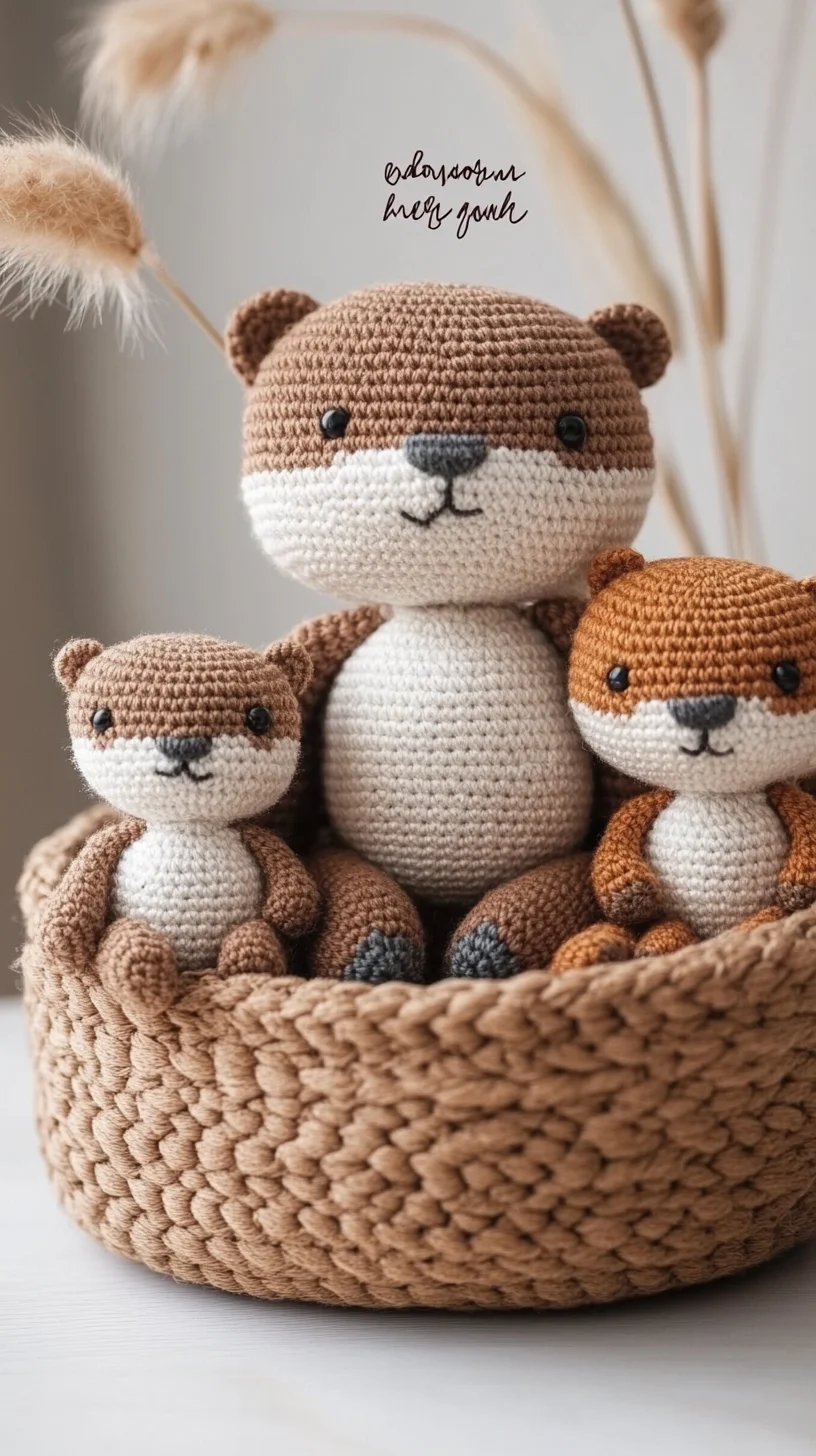 Cute handmade amigurumi otter family in brown and beige yarn, crochet animals with kawaii details, perfect for toy pattern id