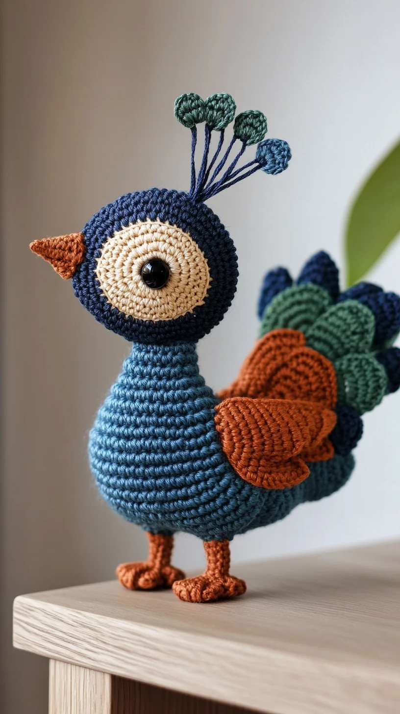 Colorful handmade amigurumi peacock with vibrant blue, green, and yellow crochet feathers on display