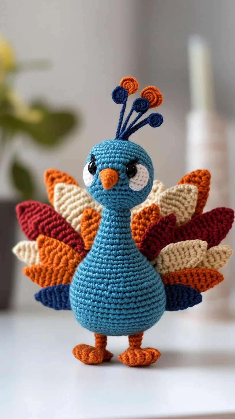 Colorful amigurumi peacock handmade with crochet, featuring vibrant blue, green, and yellow yarn, perfect for cute animal toy