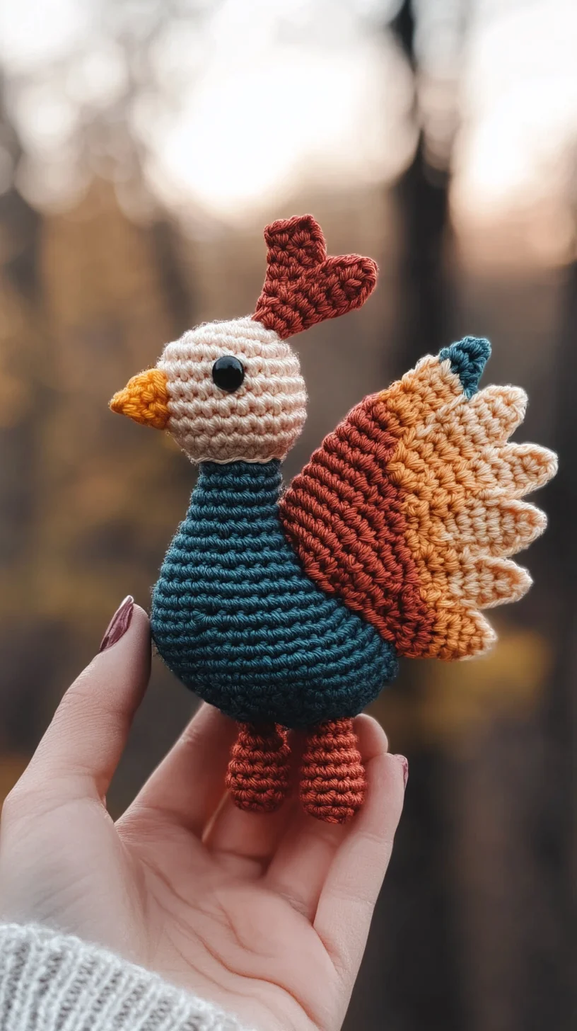 Colorful amigurumi peacock with vibrant blue body and green crochet tail feathers, handmade toy on display