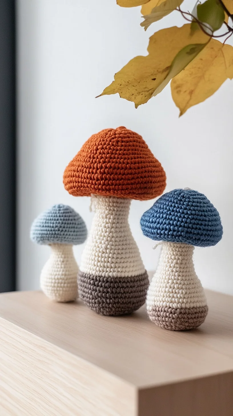 Colorful handmade amigurumi mushrooms in whimsical crochet style, perfect for cute amigurumi and crochet pattern ideas