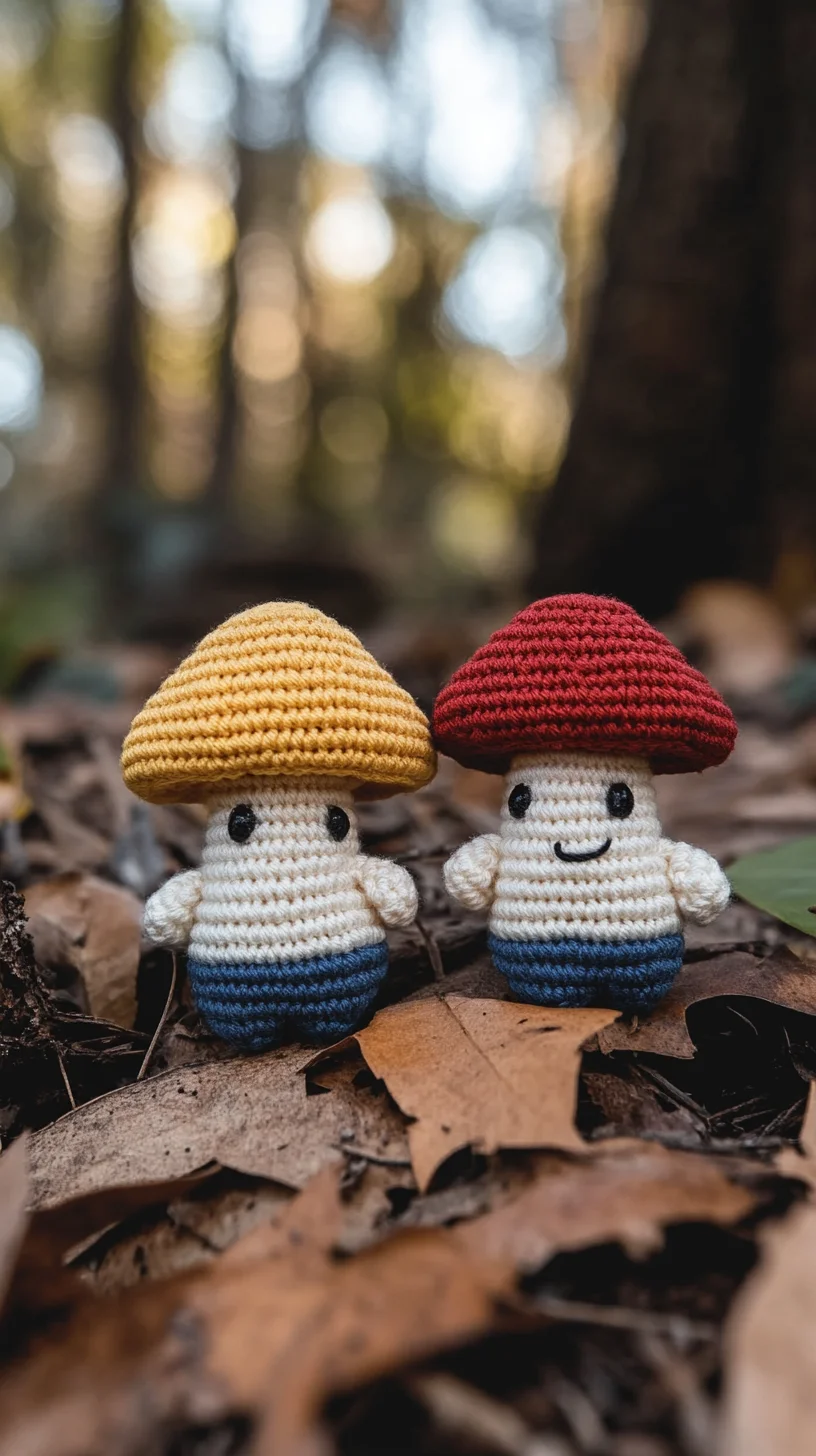 Colorful handmade amigurumi mushrooms with smiling faces, crochet pattern for cute kawaii crochet toys