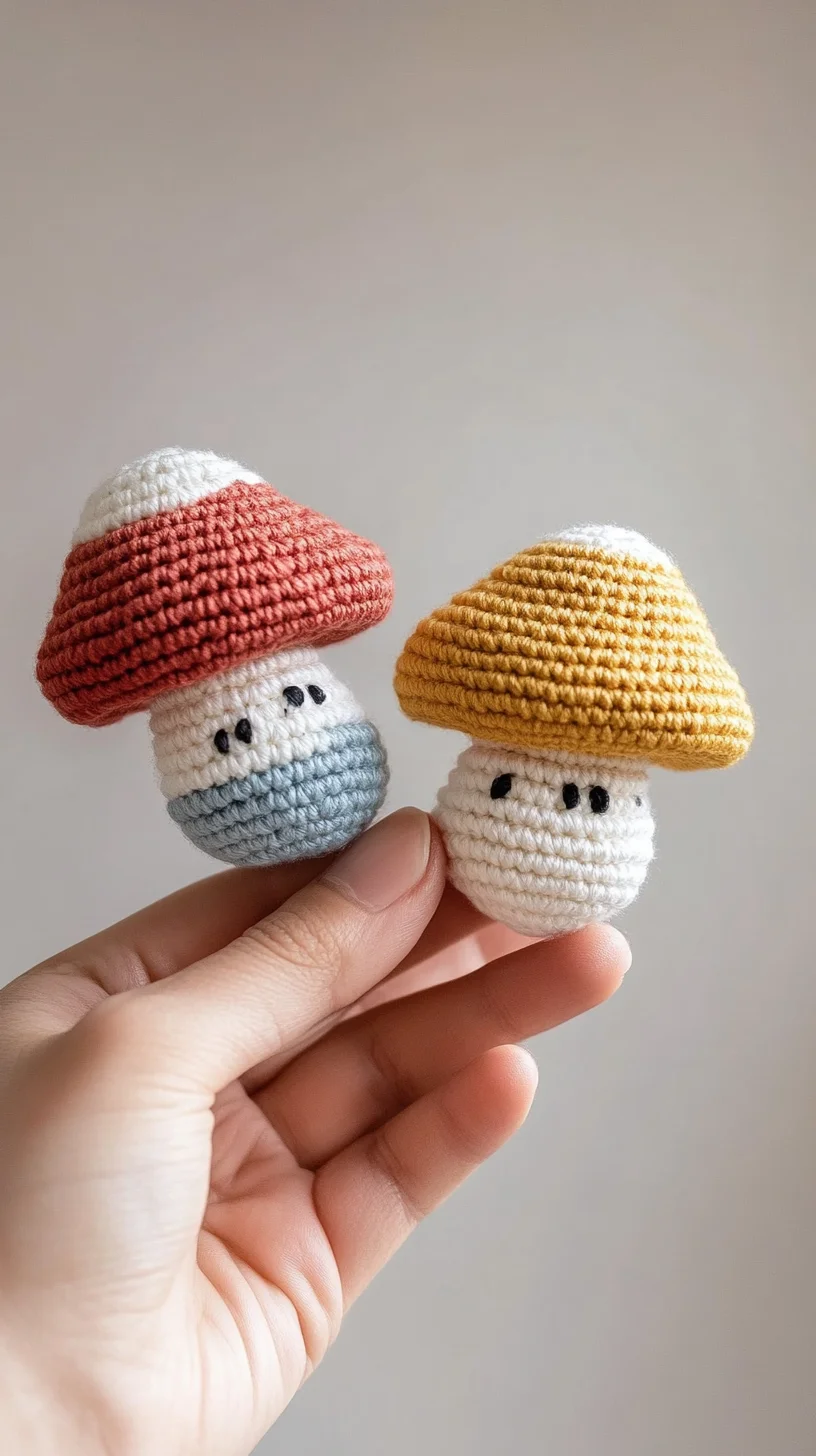 Colorful handmade amigurumi mushrooms with whimsical faces, crocheted in vibrant yarn, displayed as cute crochet toys