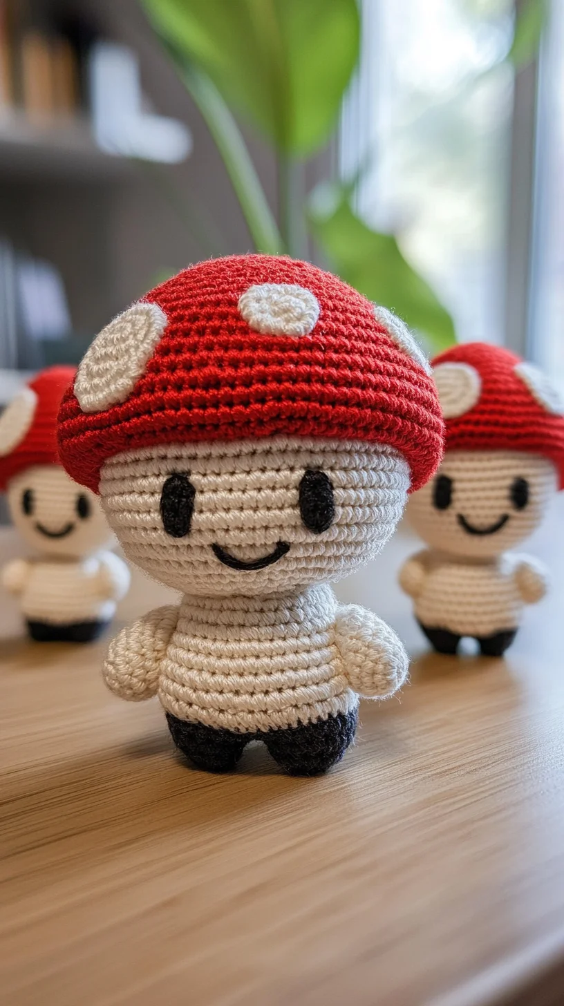 Colorful handmade amigurumi mushrooms in various crochet designs, perfect for cute crochet pattern ideas