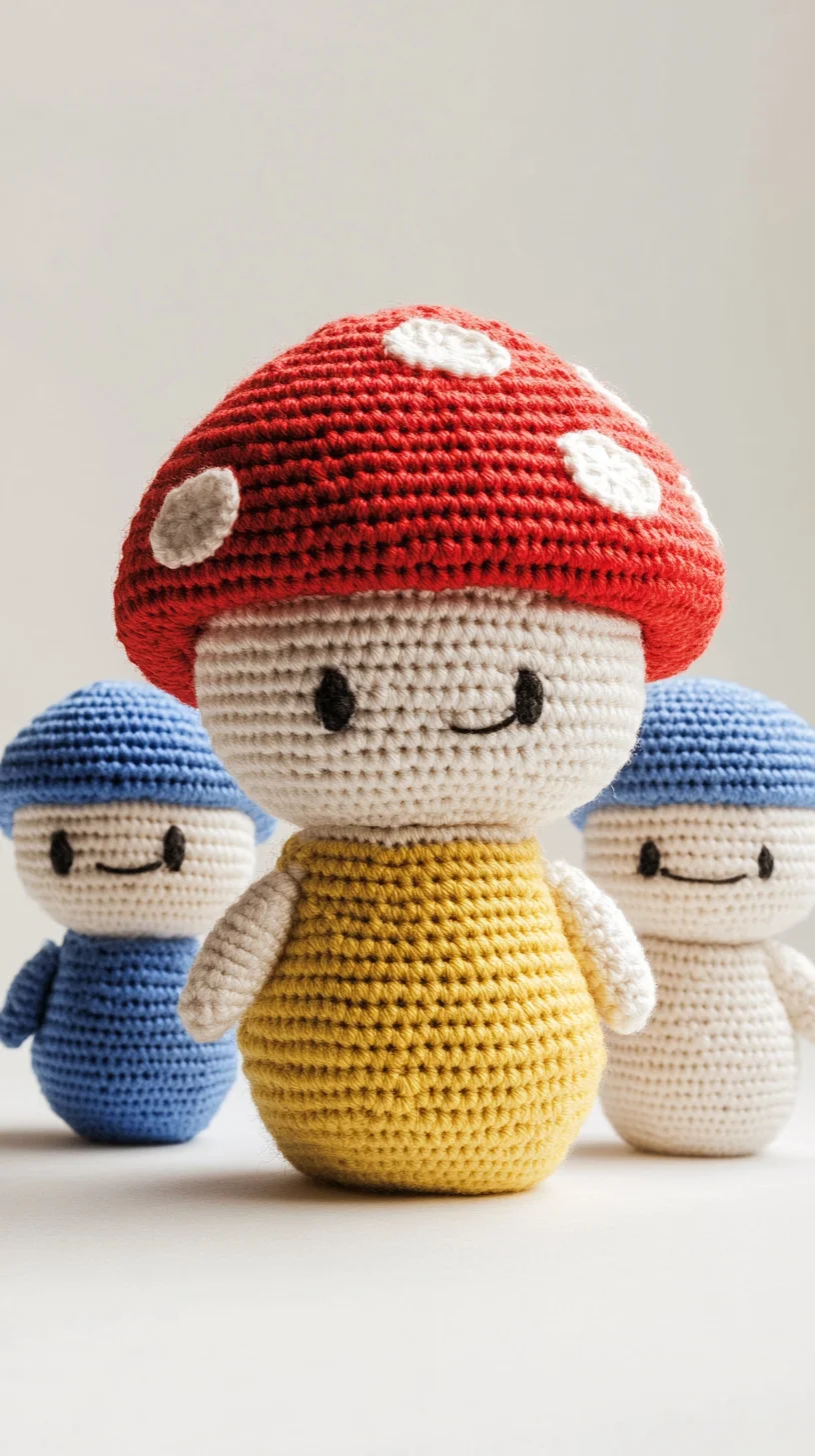 Colorful crocheted amigurumi mushrooms with whimsical faces, handmade toy pattern for cute crochet crafts