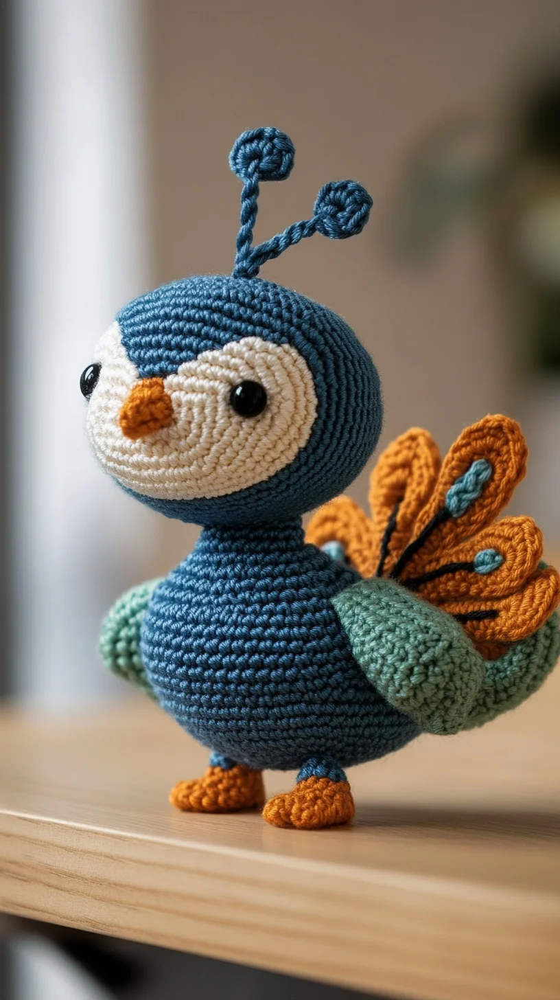 Colorful crochet amigurumi peacock with vibrant feathers, handmade toy on white background, cute amigurumi design
