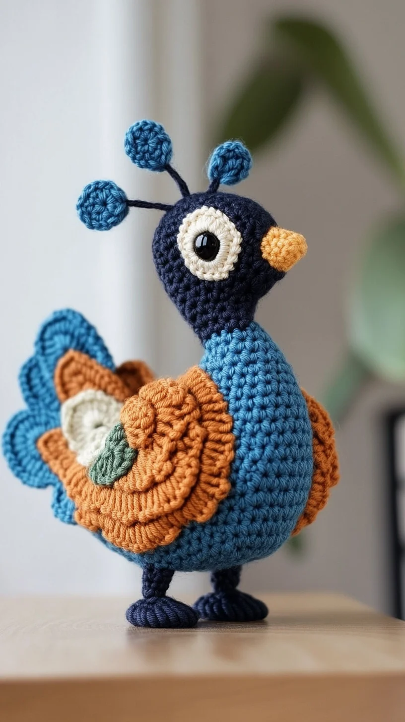 Colorful amigurumi peacock handmade with crochet, featuring vibrant blue and green feathers, cute kawaii design
