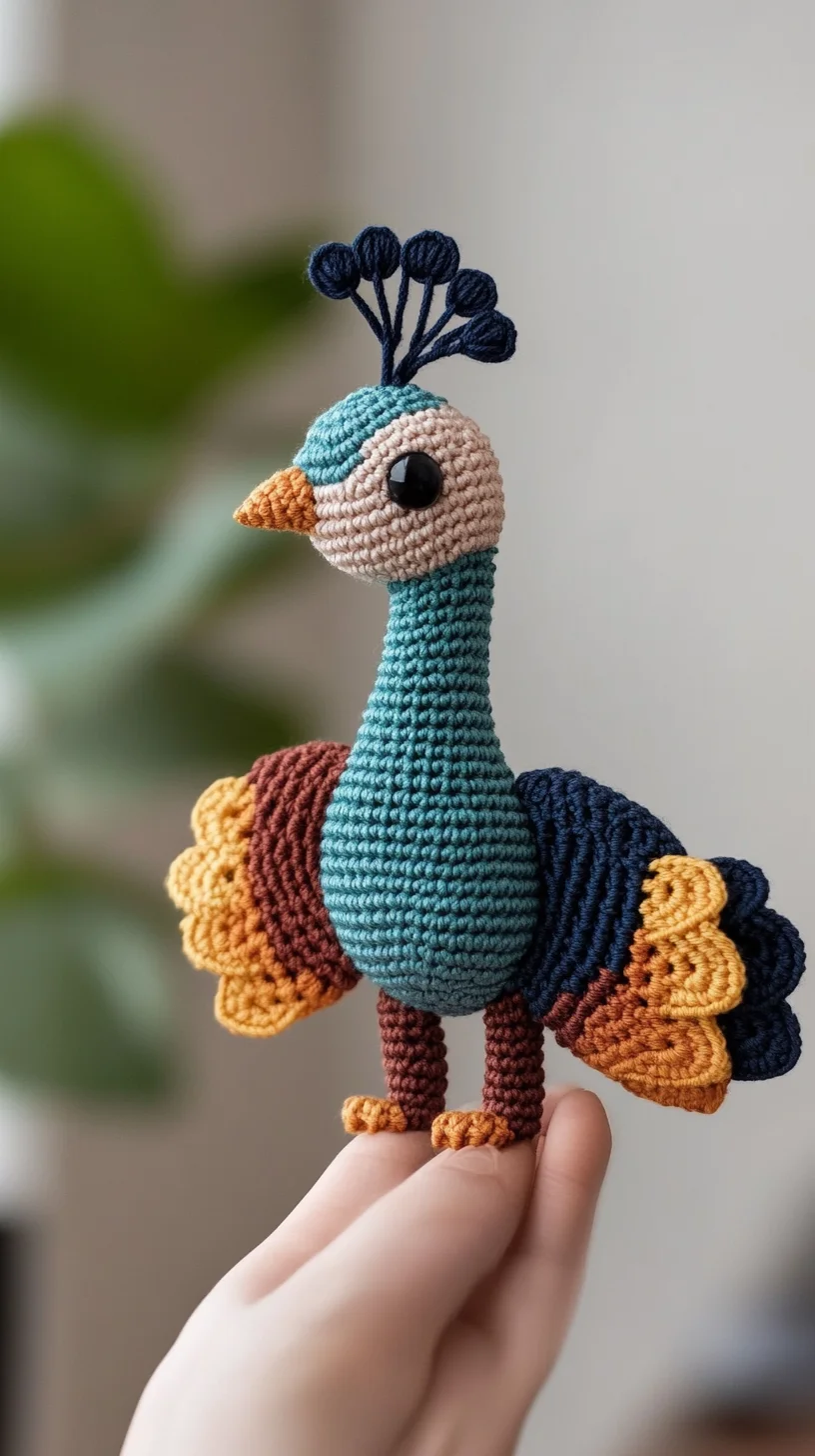 Colorful amigurumi peacock handmade from crochet yarn, featuring vibrant feathers and kawaii design, perfect for cute crochet