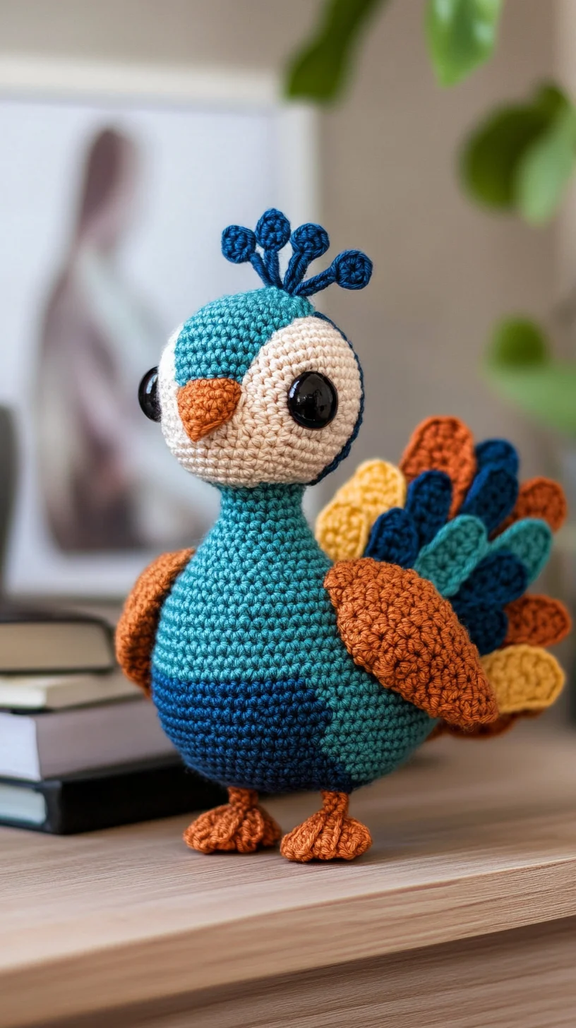 Colorful crochet amigurumi peacock with vibrant blue, green, and yellow feathers, handmade toy on display