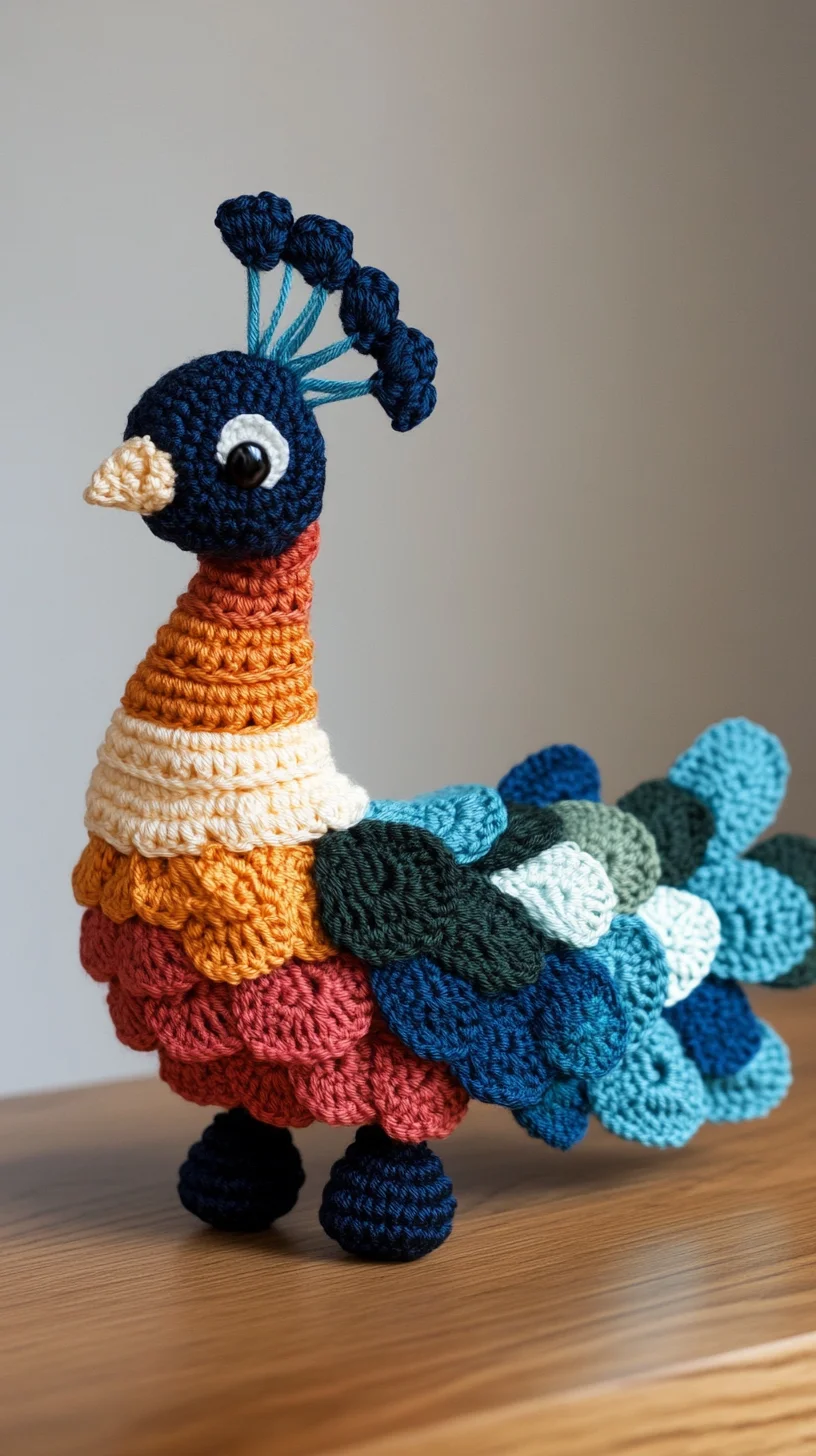 Colorful handmade amigurumi peacock with vibrant blue, green, and yellow crochet feathers on display