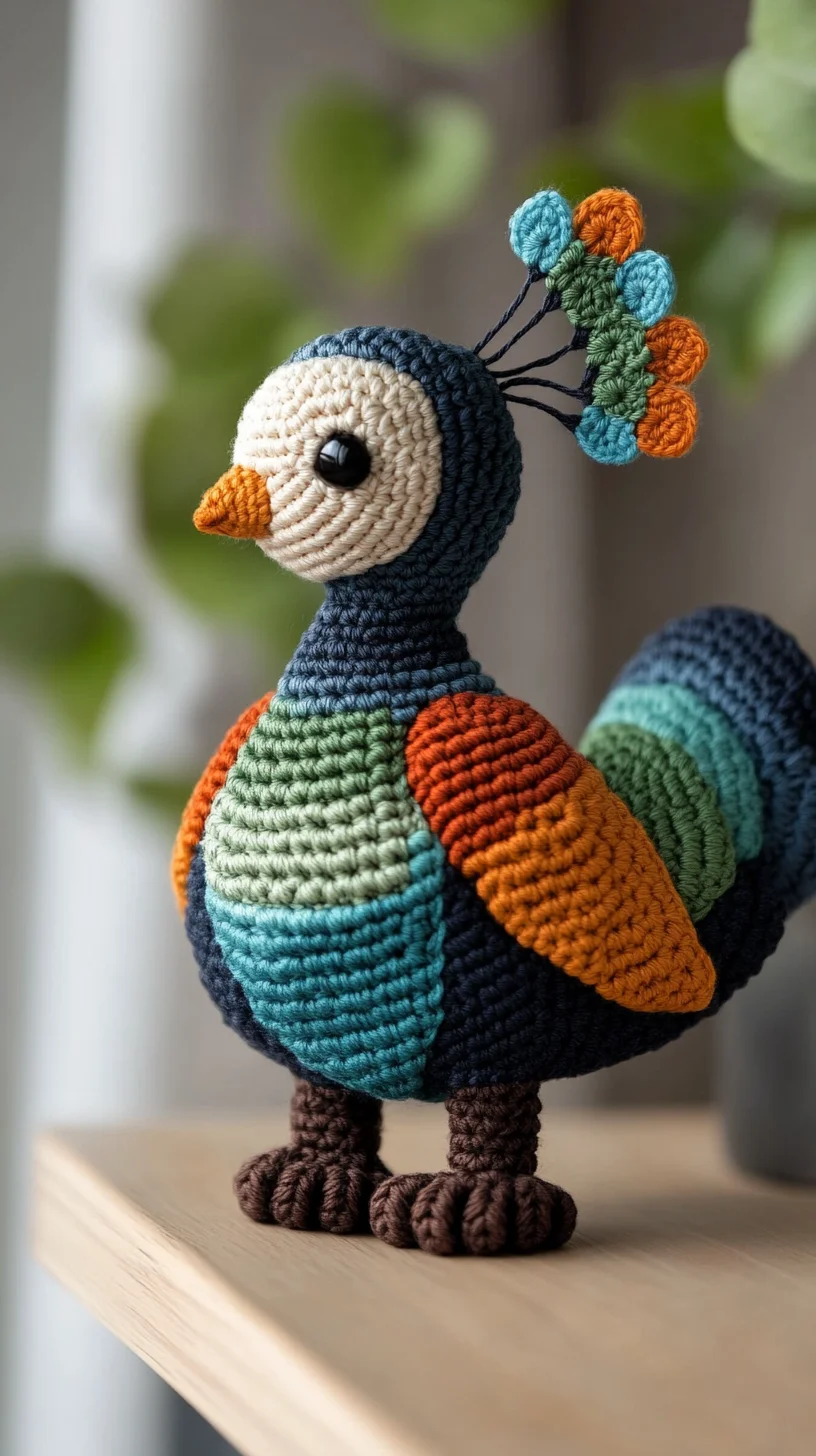 Colorful crocheted amigurumi peacock with vibrant tail feathers, handmade toy for crochet pattern inspiration