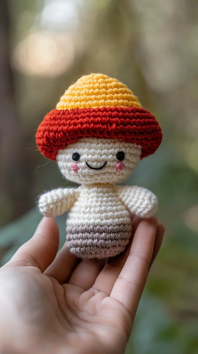 Cute amigurumi crochet mushroom toy with red and white cap, handmade in whimsical kawaii style