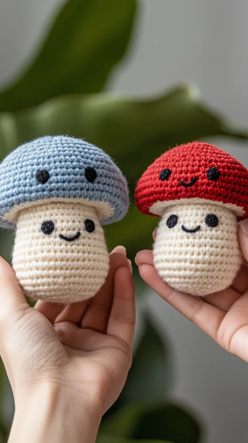 Handmade crochet amigurumi mushrooms in vibrant colors with cute faces, perfect for whimsical toy patterns and crafts
