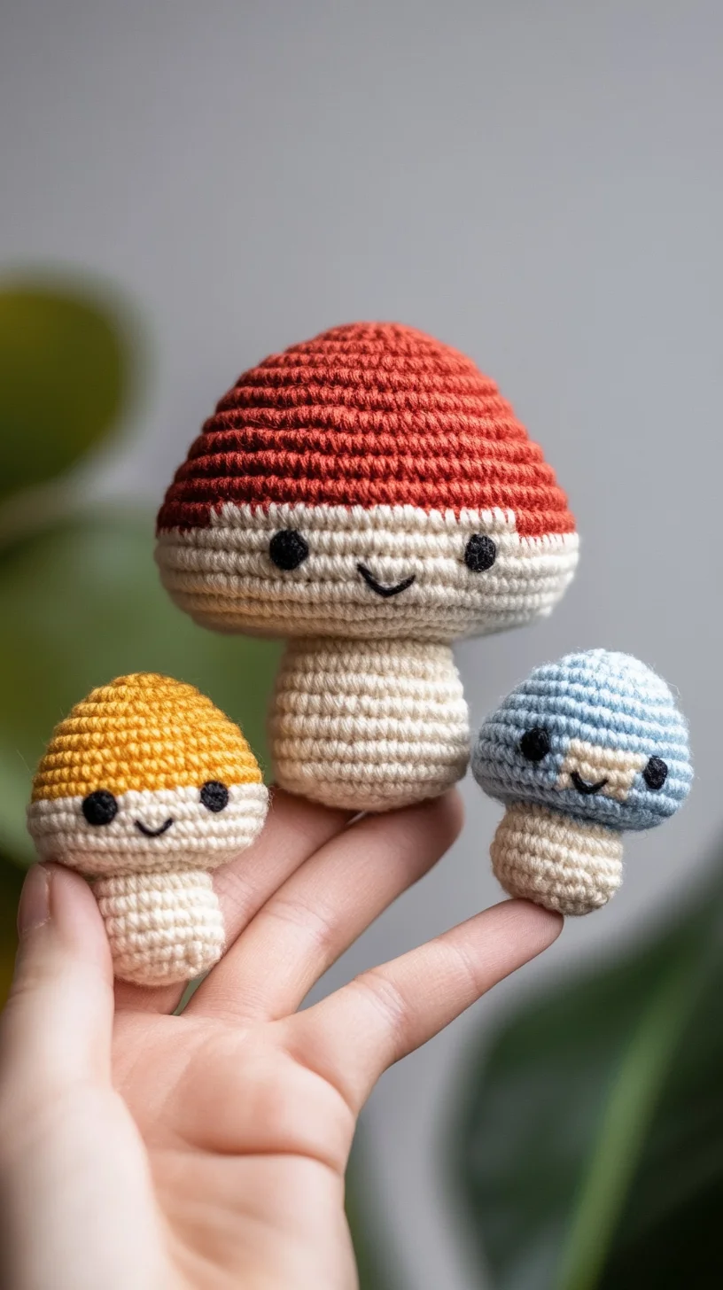 Whimsical amigurumi mushrooms in vibrant crochet colors, handmade cute toys perfect for crochet pattern inspiration