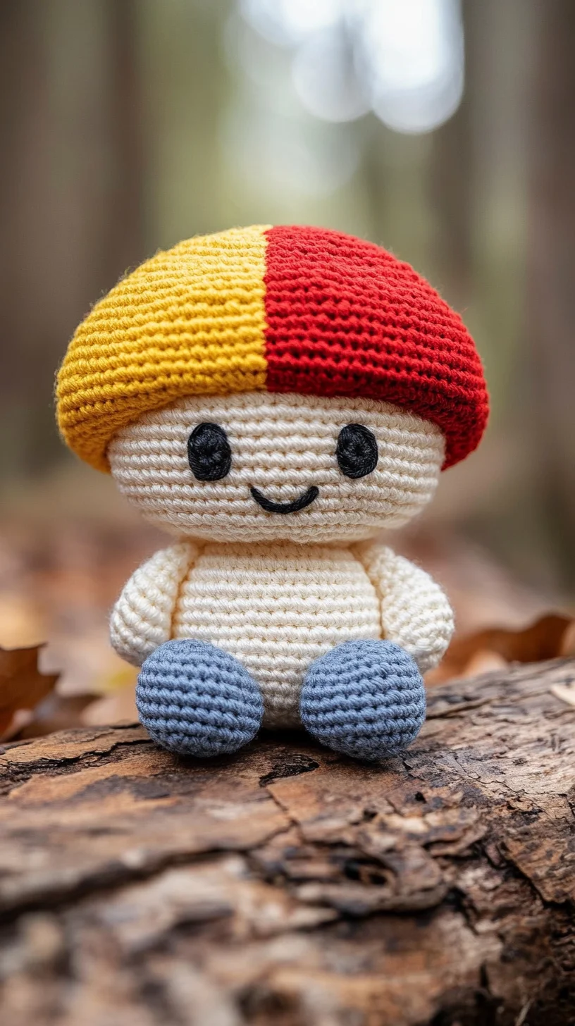 Handmade crochet amigurumi mushroom toy with red cap and white spots, cute kawaii design on white background