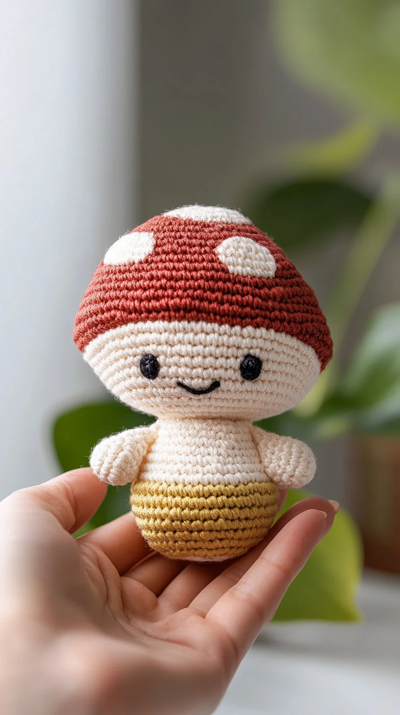 Whimsical amigurumi mushroom crafted with colorful yarn, showcasing cute crochet design and handmade charm