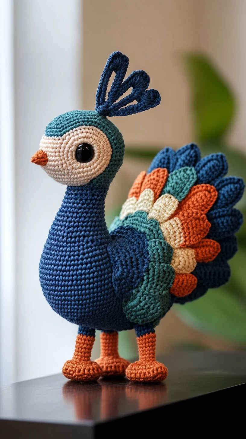 Colorful crocheted amigurumi peacock with vibrant blue body, green tail feathers, and kawaii design on white background