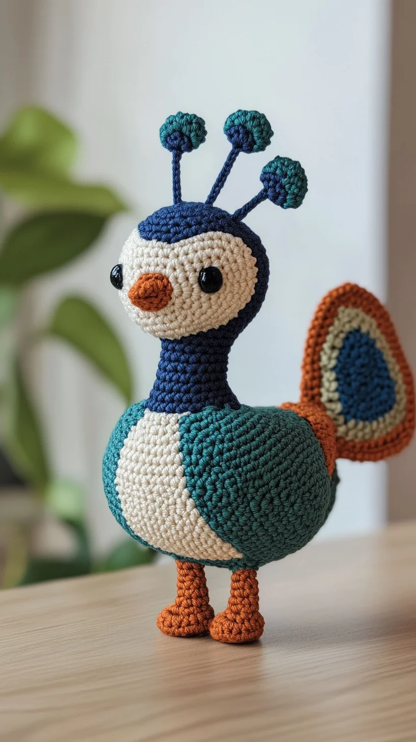Colorful amigurumi peacock with vibrant crochet feathers, handmade toy idea for cute crochet animal patterns