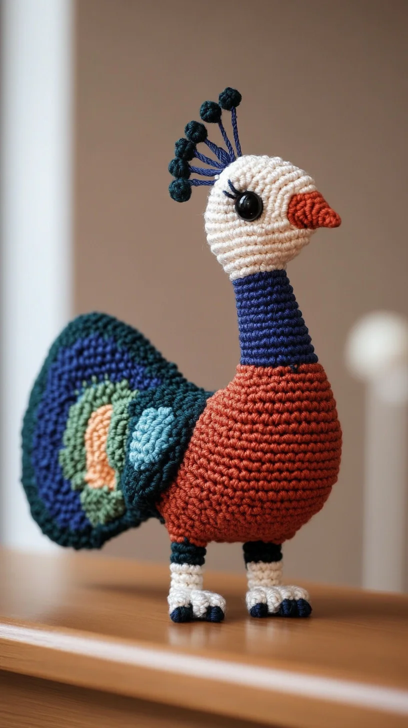 Colorful amigurumi peacock with vibrant crocheted feathers, handmade toy for crochet pattern inspiration