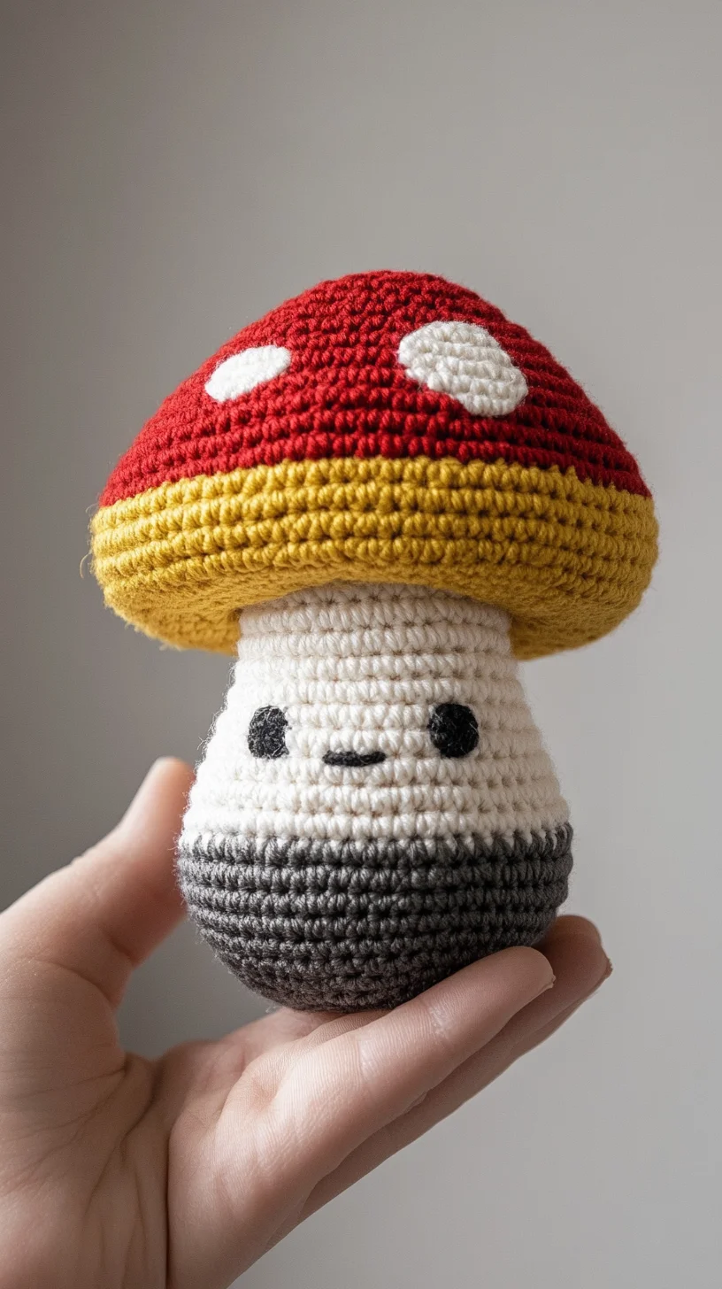 Whimsical amigurumi crochet mushroom toy in vibrant red and white, handmade with kawaii design, on a neutral background