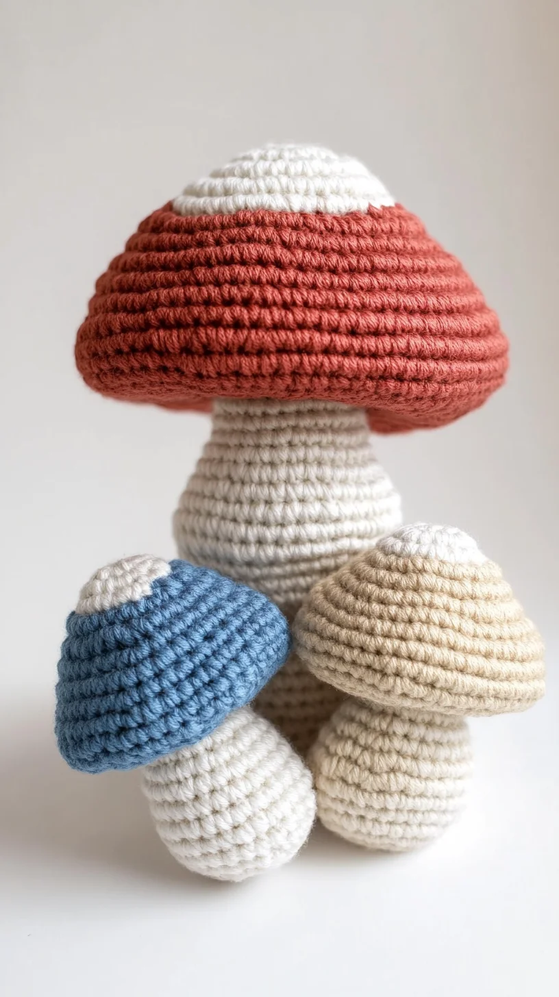 Colorful amigurumi crochet mushrooms with whimsical designs, handmade toys perfect for cute crochet pattern ideas
