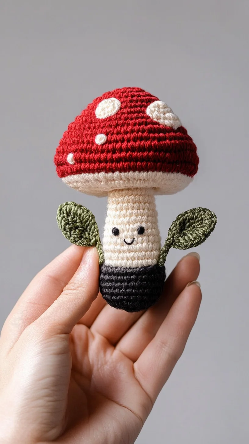 Colorful crochet amigurumi mushrooms with whimsical designs, handmade toy pattern inspiration on display