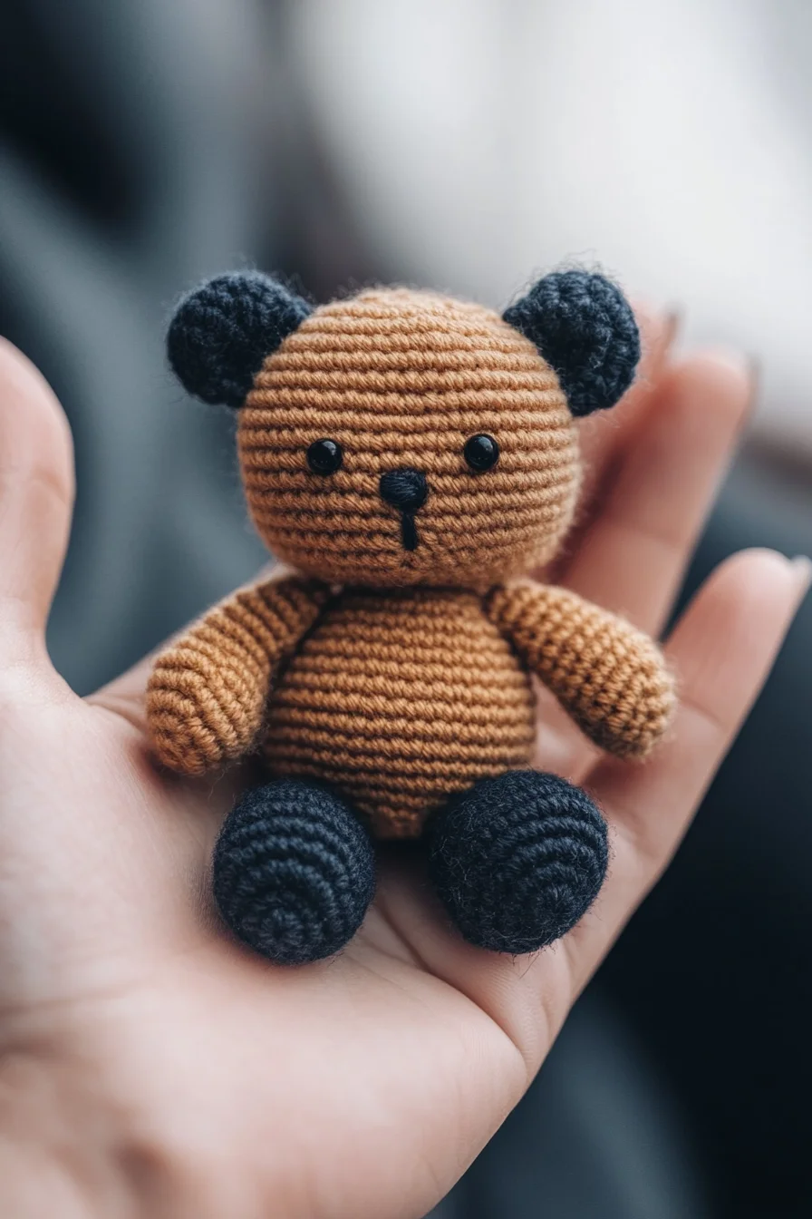 Cute handmade amigurumi bear with brown yarn and embroidered face, easy crochet pattern for beginners