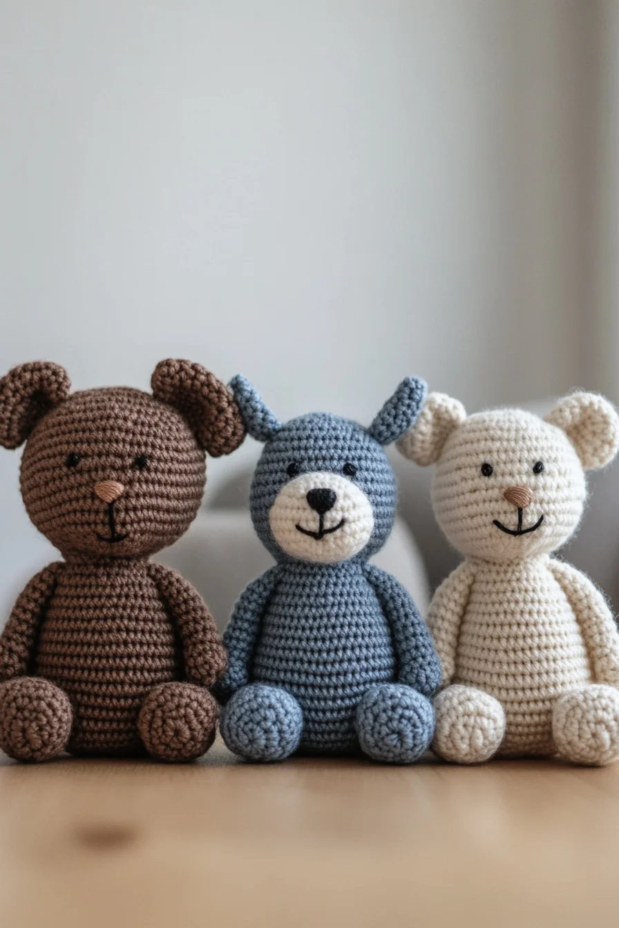 Collection of cute handmade amigurumi crochet bears in pastel colors, perfect for kawaii toy patterns and gift ideas