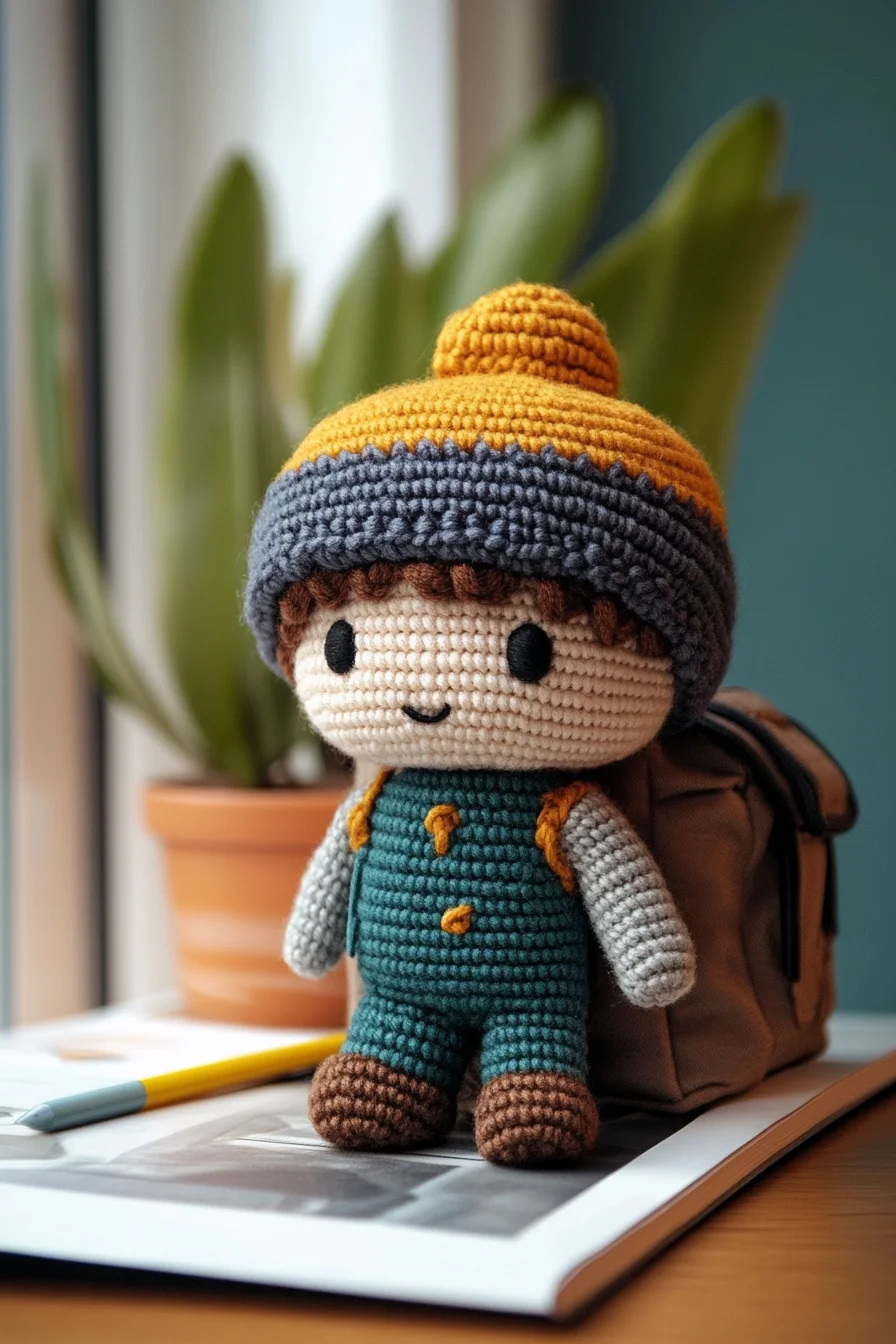 Handmade amigurumi boy doll with blue beanie and striped sweater, cute crochet pattern idea for beginners