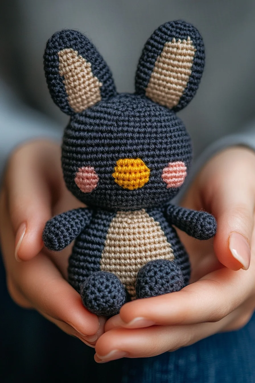 Handmade crochet amigurumi bunny with floppy ears and pink accents, cute DIY animal toy pattern