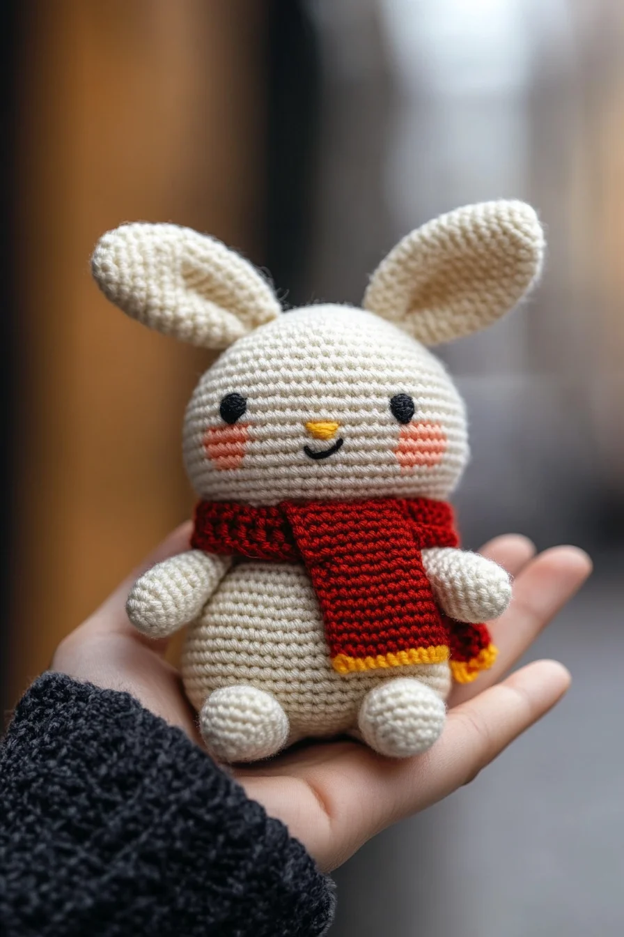 Cute amigurumi bunny in cozy red scarf, handmade crochet animal toy, kawaii amigurumi pattern idea