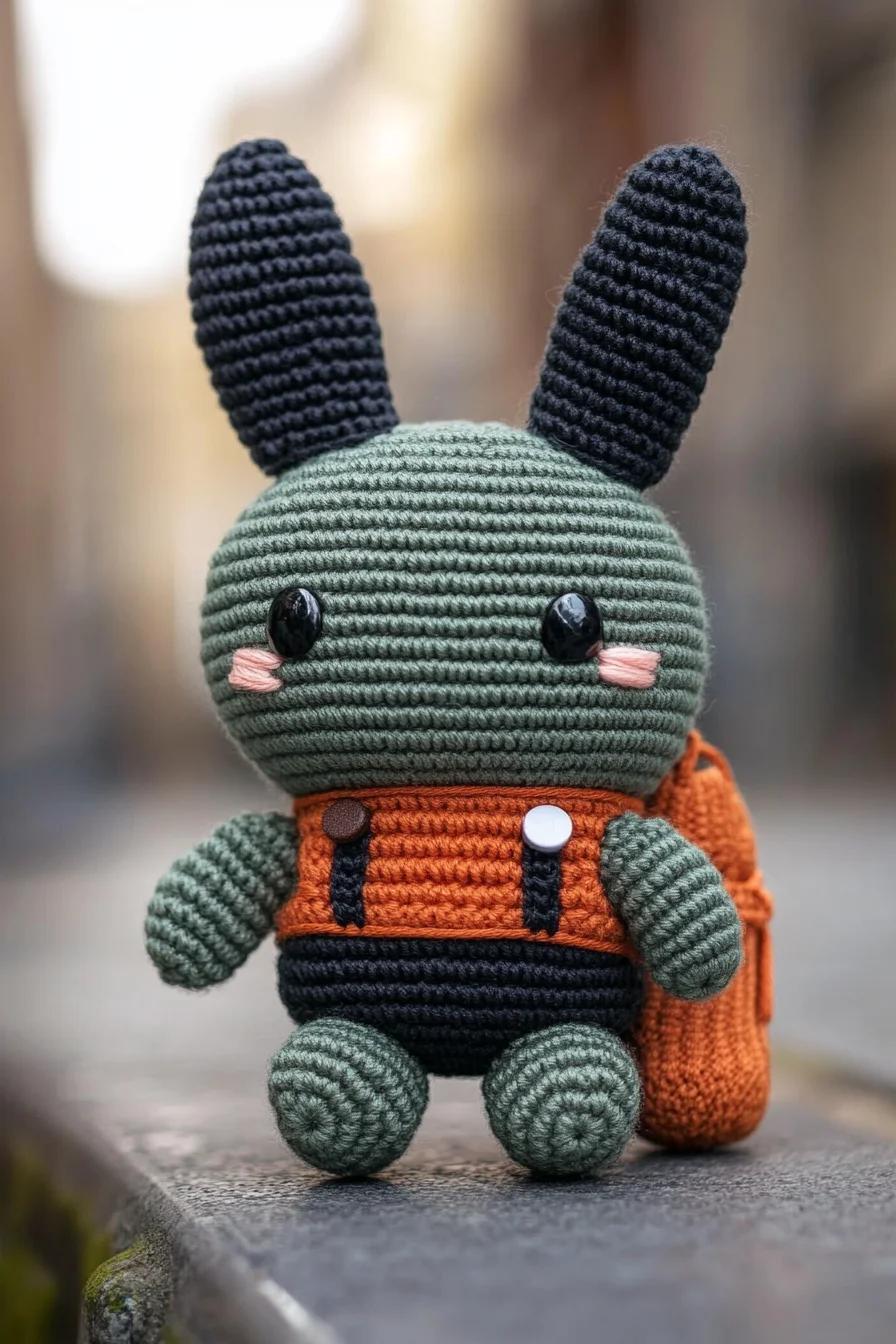 Cute amigurumi bunny crochet pattern featuring a handmade bunny with a tiny backpack and trendy croc shoes