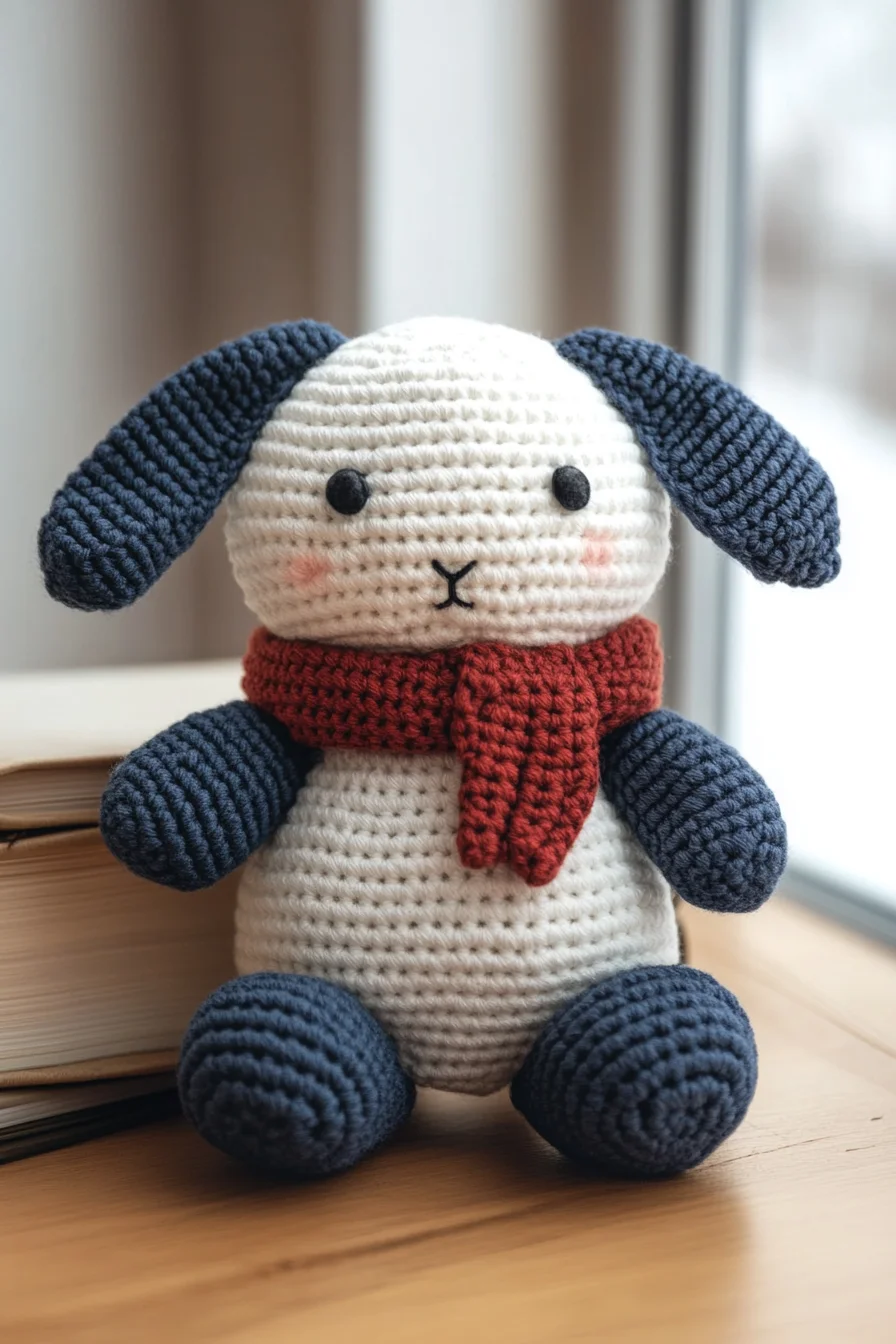 Handmade amigurumi bunny with white crochet body and red scarf, cute kawaii crochet animal toy pattern