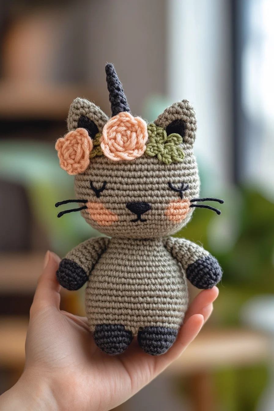 Handmade amigurumi cat unicorn with colorful floral crown, cute crochet animal toy, kawaii amigurumi pattern