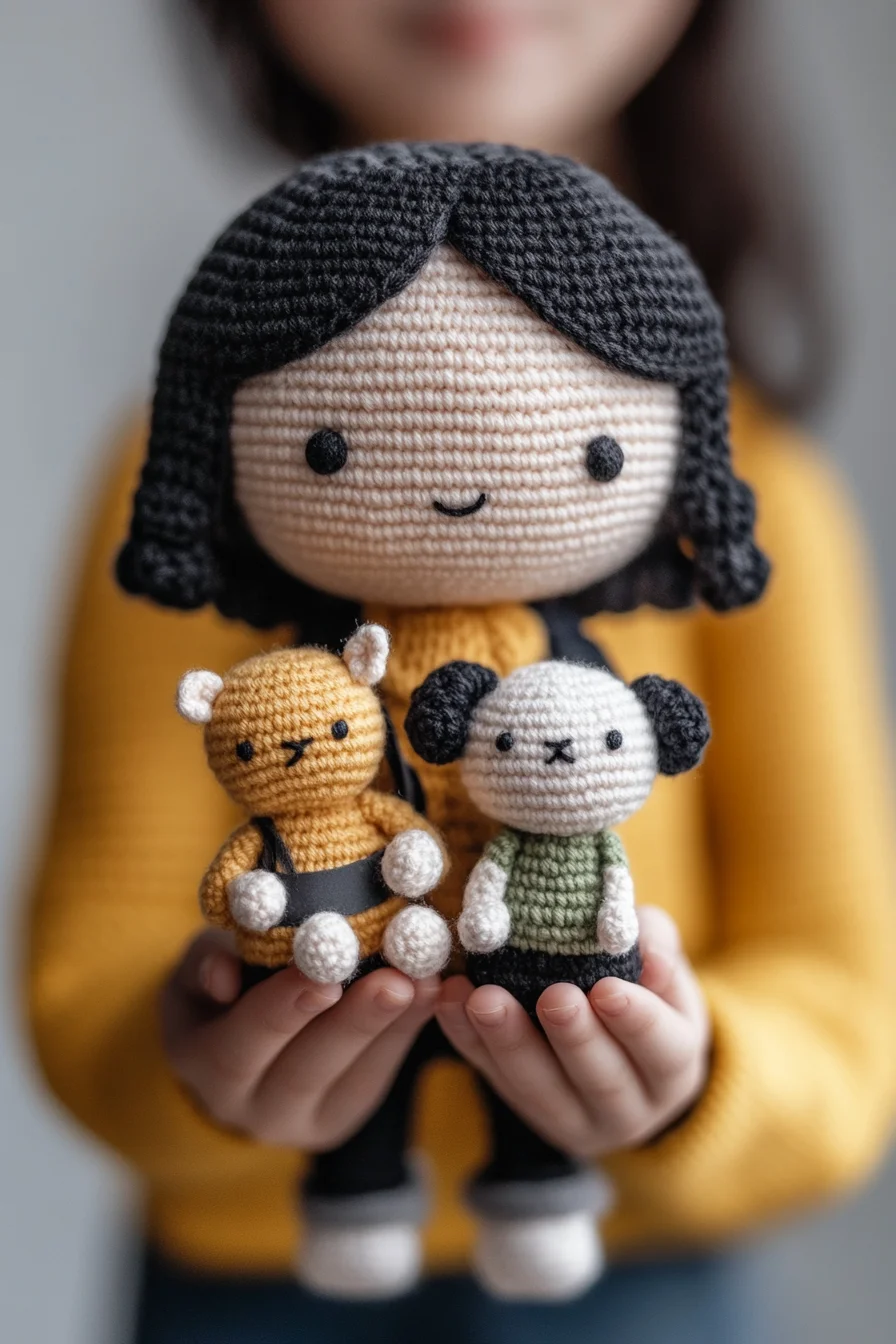 Handmade amigurumi crochet doll with animal friends, featuring cute kawaii designs and colorful yarn toys