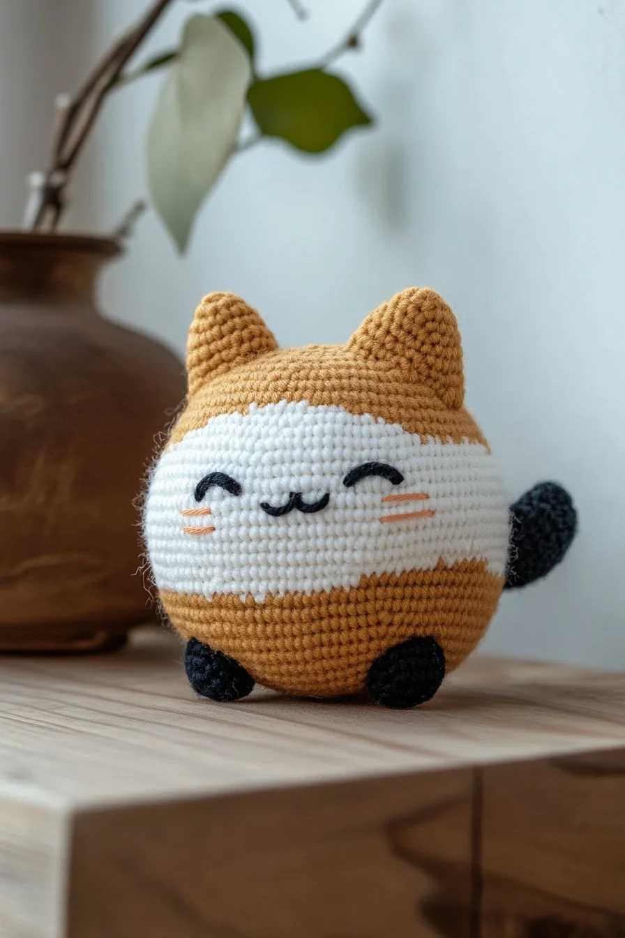Cute handmade amigurumi fox in orange and white yarn, sitting upright, perfect crochet pattern for kawaii animal lovers