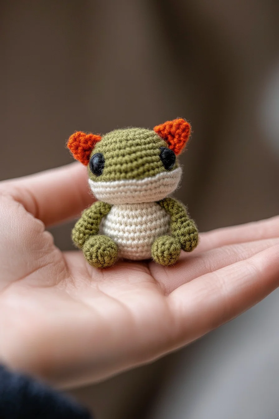 Cute green amigurumi frog plush made with crochet, featuring big eyes and a smiling face, perfect handmade toy pattern