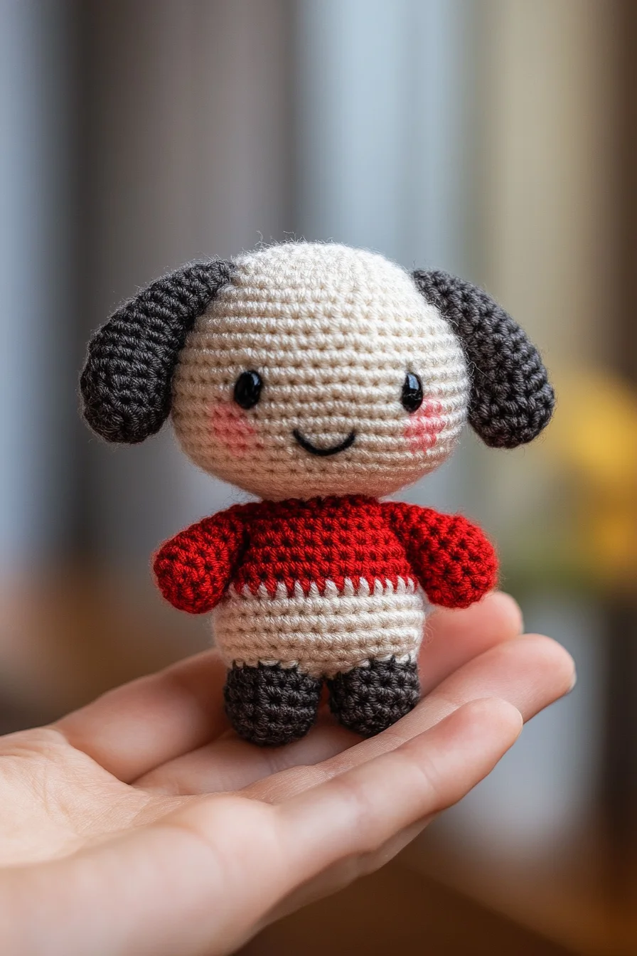Cute amigurumi crochet puppy plush in light brown and white, handmade toy pattern for kawaii crochet lovers