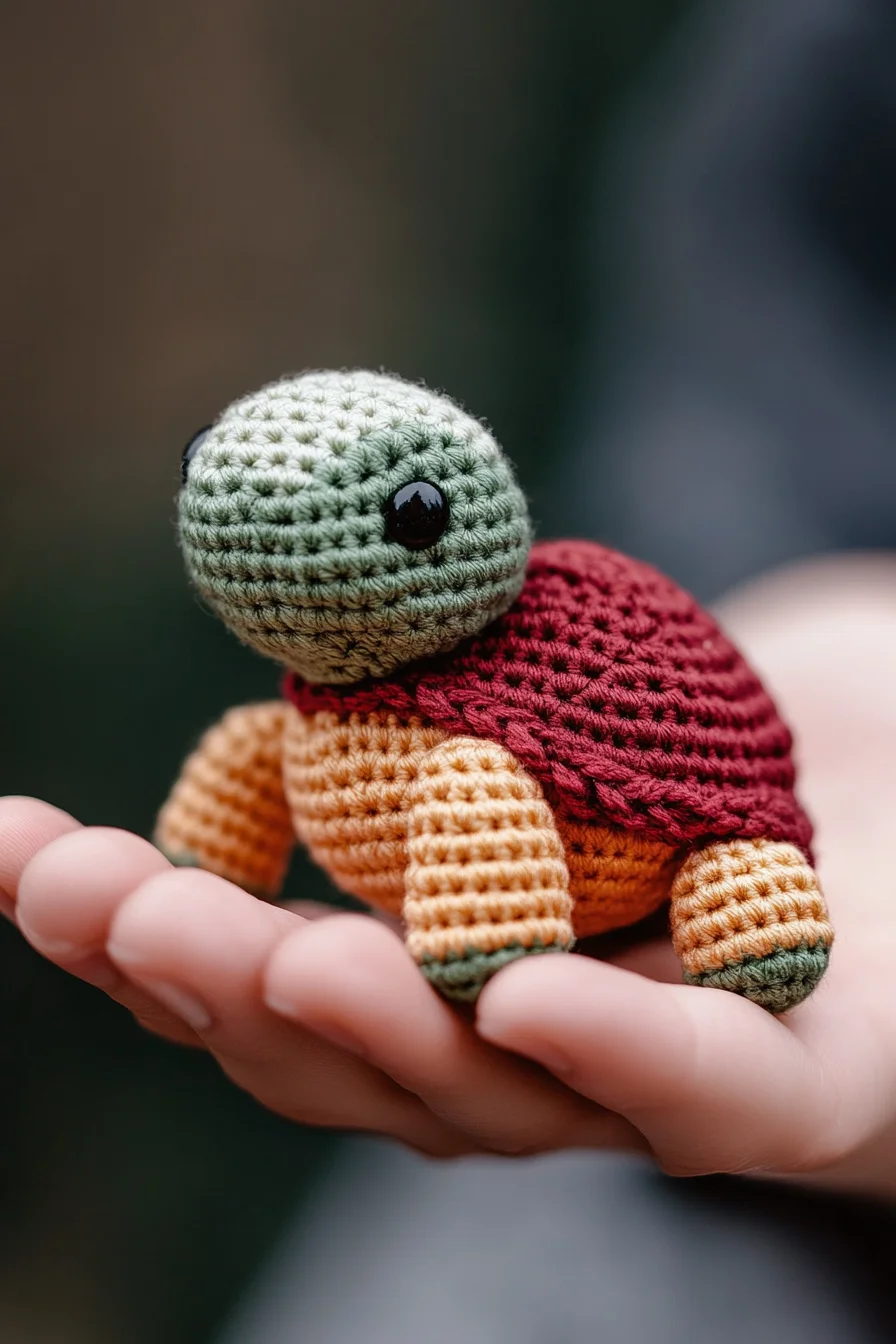 Cute handmade amigurumi turtle in green and beige yarn, finished crochet plushie on white background