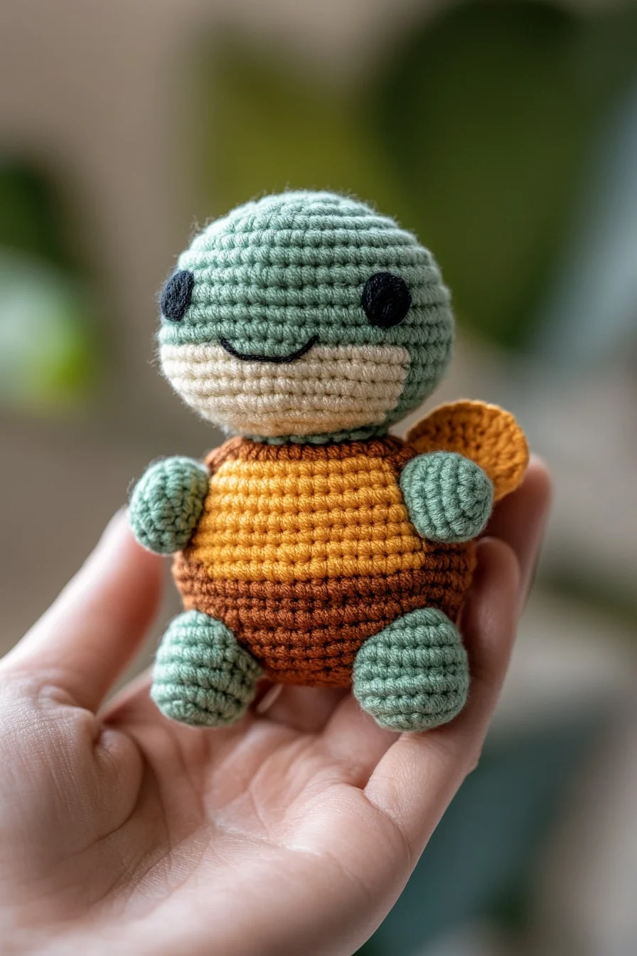 Cute handmade amigurumi turtle in green and beige yarn, showcasing a crochet pattern for kawaii crochet animal lovers