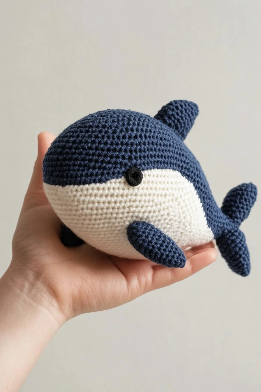 Cute blue amigurumi whale handmade with crochet, featuring a smiling face and white belly, perfect for amigurumi patterns and