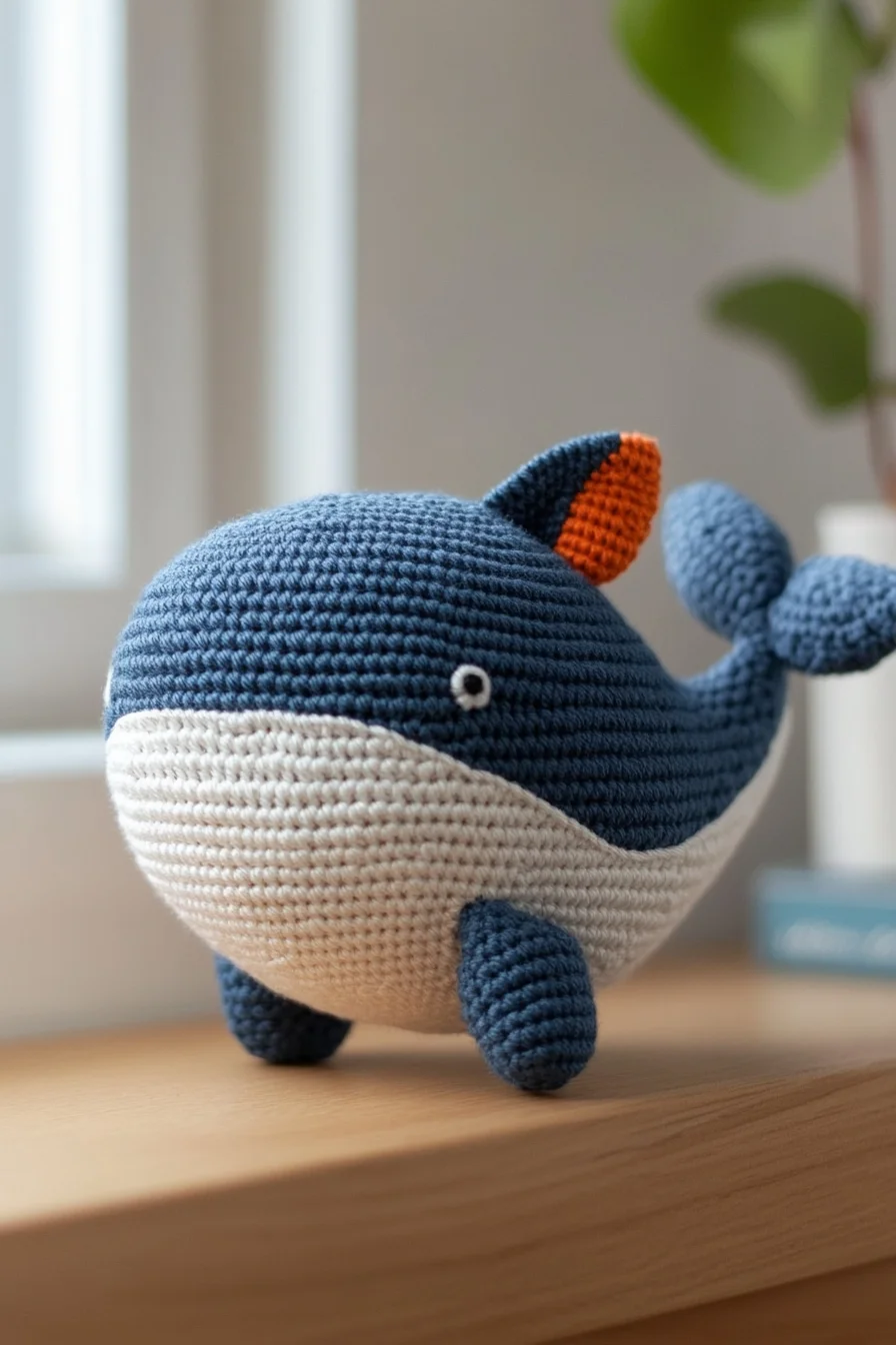 Cute handmade amigurumi whale in blue yarn with white belly, perfect crochet pattern for kawaii crochet animals