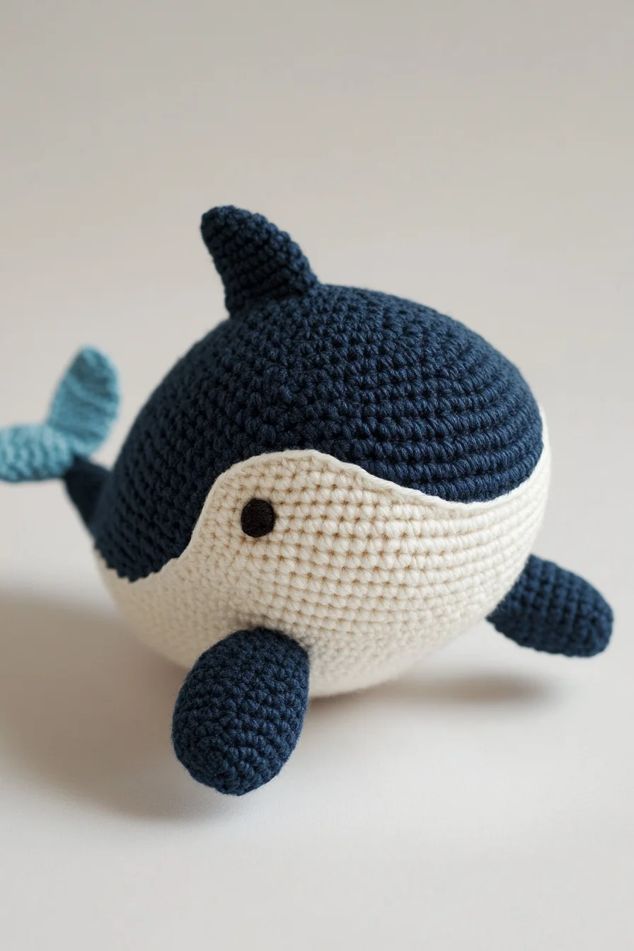 Cute handmade amigurumi whale in blue yarn, finished crochet plush toy, easy amigurumi pattern idea