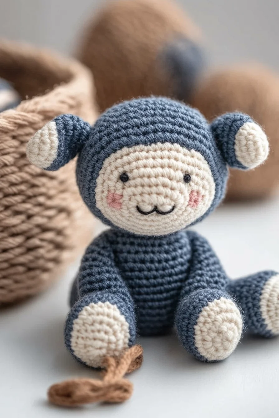 Cute blue crochet amigurumi monkey with white face and belly, handmade toy pattern for kawaii crochet animals