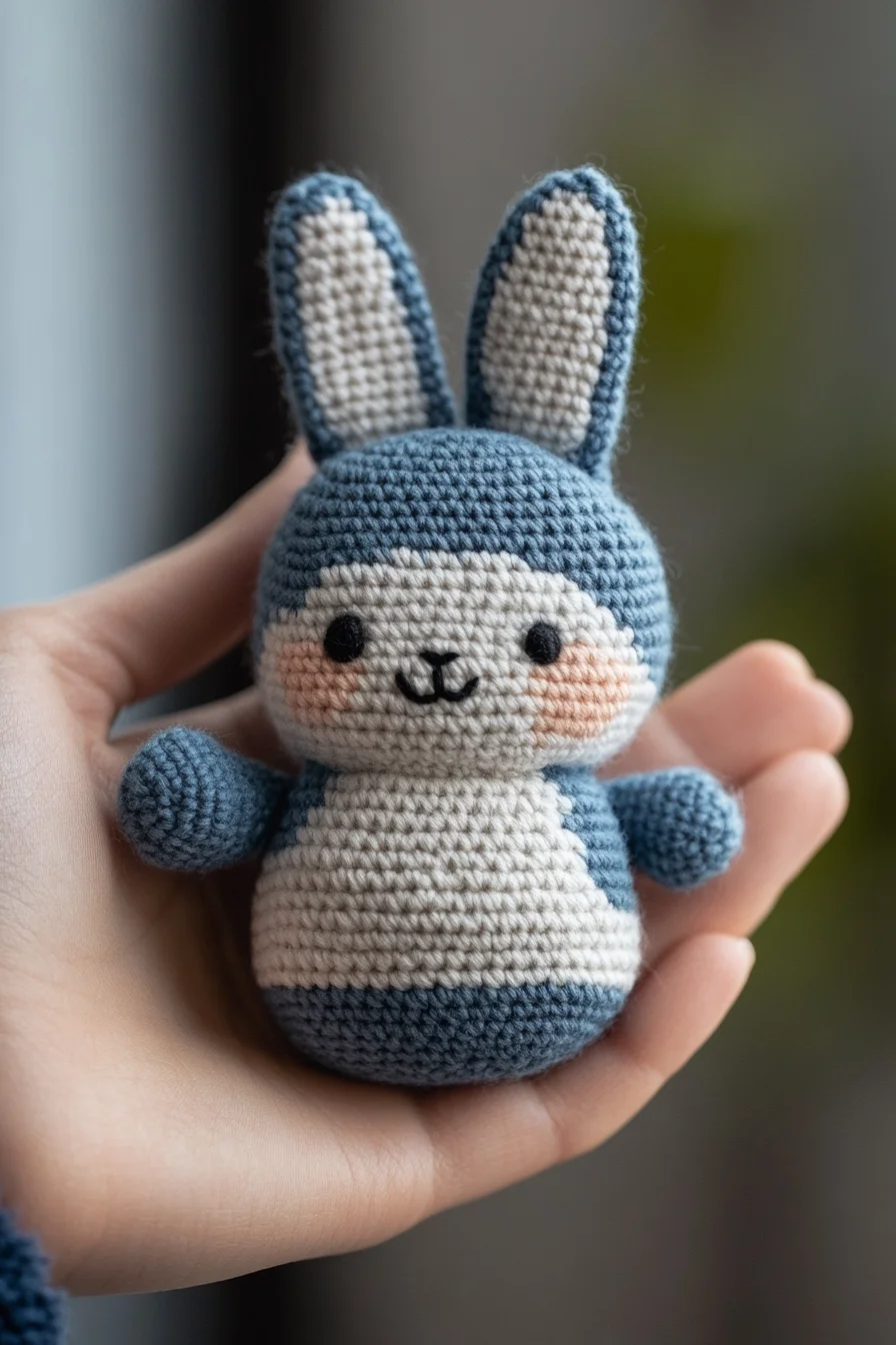 Handmade blue amigurumi bunny plushie with floppy ears, cute face, and crochet details on white background